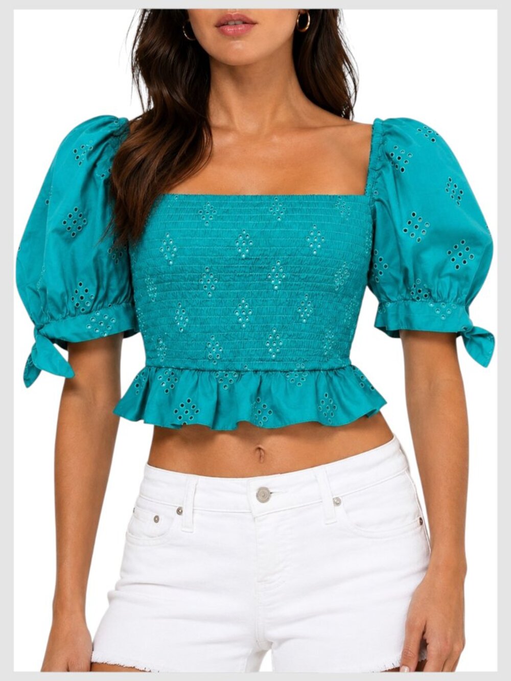 Zara Crop Top Turquoise Teal Eyelet Puff Sleeve S